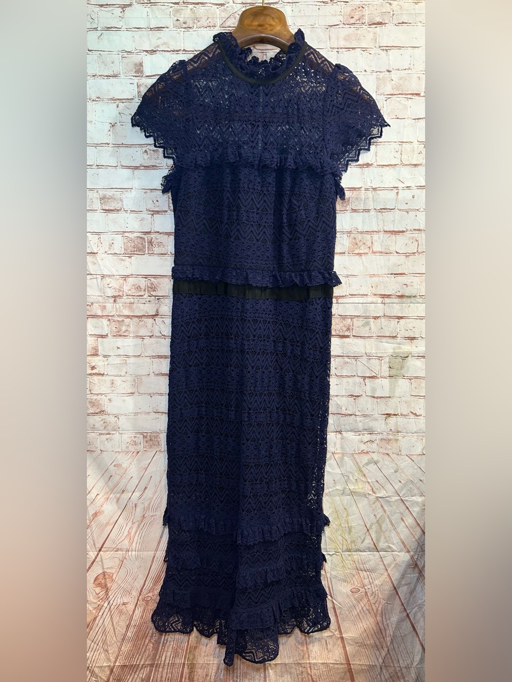 Parker Navy Lace Midi Dress with Tiered Hem - Picture 4 of 9